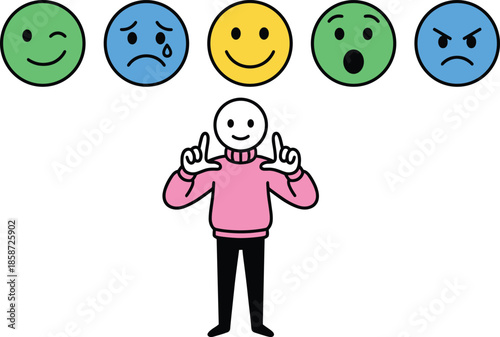 Emotion selection illustration, person choosing happy face among emoji icons, emotional intelligence concept, mental health awareness, decision making vector design