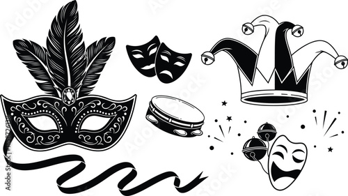 Vibrant carnival masks and jester hat for festive fun