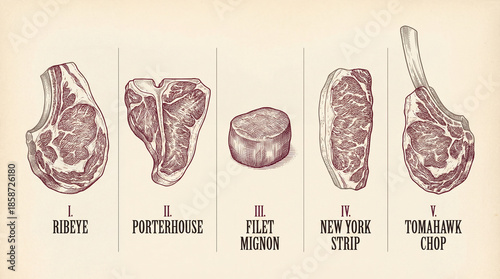 Unique collection of engraved premium meat cuts showcasing ribeye, porterhouse, filet mignon, New York strip, and tomahawk chop