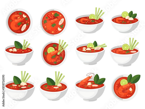 Collection of Thai Tom Yum Soup Bowls with Shrimp and Herbs