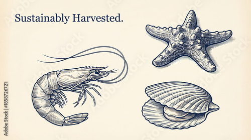 Engraved premium collection showcasing sustainable sea life with shrimp, starfish, and scallop illustrations
