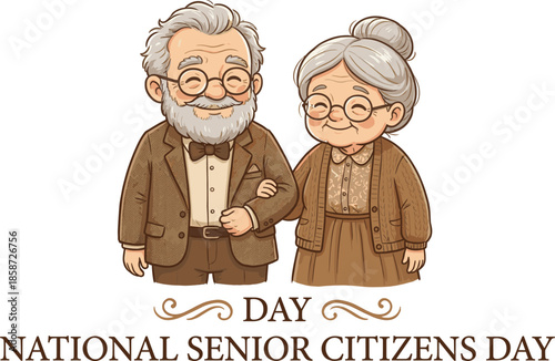 National Senior Citizens Day illustration, smiling elderly couple walking together, happy grandparents cartoon, retirement love concept, senior care celebration