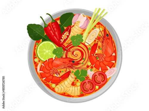 Flavorful Spicy Seafood Noodle Soup Bowl with Shrimp and Herbs