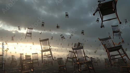 Surreal Scene of Wooden Chairs and vintage piano Floating in a Dark Stormy Sky
