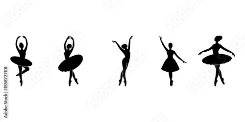 Collection of silhouette vector illustrations of ballerina dancing ballet isolated on white background.