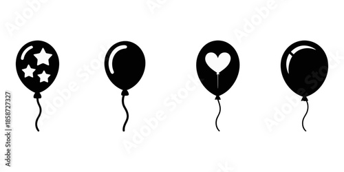 A collection of black balloons arranged in groups of one, two, and four, presented in a simple silhouette style