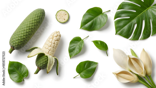 Delicious tropical monstera deliciosa fruit, leaves, and peace lily flowers on white background