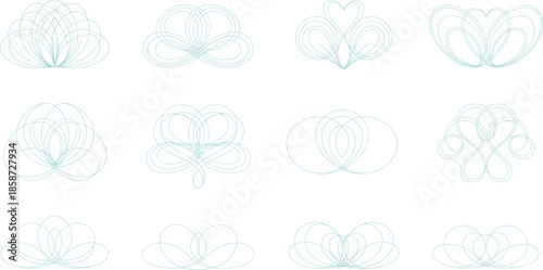 Symmetrical abstract line pattern set with floral and heart-like loops in light blue for mathematical art and design inspiration.