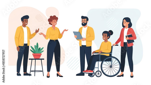 Diverse group of people interacting with a person in a wheelchair in a modern office environment