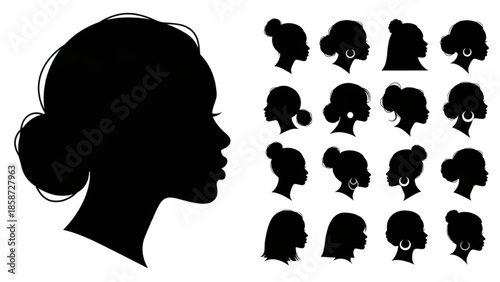 Silhouettes of women with various hairstyles displayed alongside a profile portrait