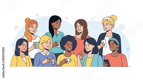 Diverse group of women interacting and using mobile devices together in a modern setting