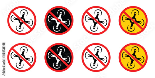 No drone sign. Warning, no flying drone icon. Red prohibition sign with a black silhouette of a drone inside indicating no drone zone or drone flight restriction isolated on white background.