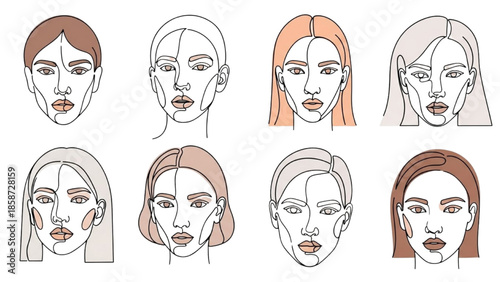 Collection of diverse female faces illustrated in various styles and colors