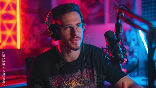 Male podcaster recording audio in neon lit studio with microphone and headphones