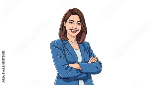 A confident businesswoman stands with her arms crossed in a professional illustration.