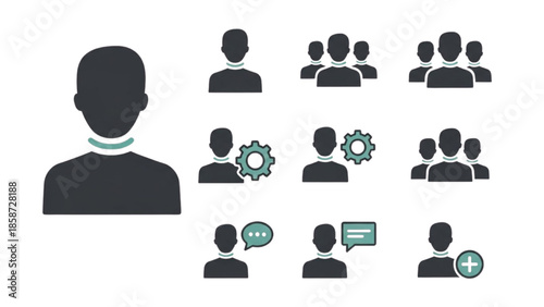 A large icon of a person is surrounded by various smaller icons representing different people and symbols for communication and technology.