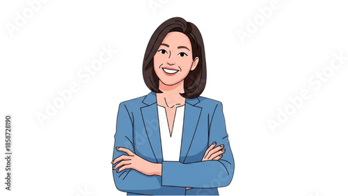A confident businesswoman stands with her arms crossed, illustration of a professional woman in a blue suit