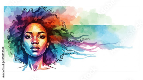 Vibrant Portrait of a Young Woman with Colorful Hair in Watercolor Style