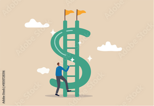 Money ladder to achieve financial independent goal, challenge to reach investment target or wealth planning strategy concept, businessman starting to climb up ladder to the top of money dollar sign.