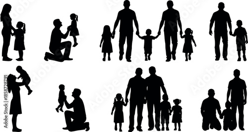 Set of silhouettes representing diverse families with fathers and mothers holding hands and playing with children in various happy poses