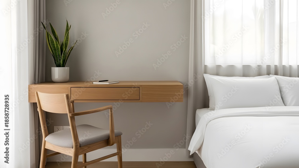 Fototapeta premium Minimalist Scandinavian Bedroom with Floating Wooden Desk Light Chair Houseplant and Bright Natural Light