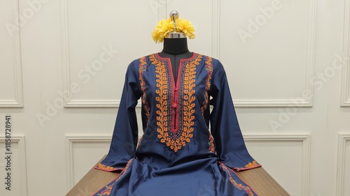 Traditional Navy Blue Silk Tunic with Vibrant Orange Floral Embroidery on Neckline and Sleeves Displayed on Mannequin