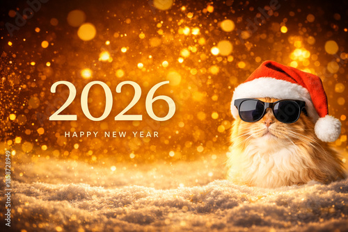 Happy New Year 2026 funny cat in Santa hat with sunglasses