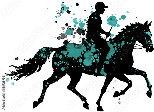 Dynamic horseback rider in motion with vibrant teal splashes
