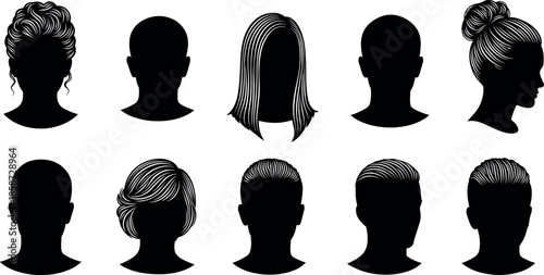 Set of Ten Vector Silhouettes Featuring Diverse Male and Female Hairstyles, Modern Haircuts, Elegant Updos, and Minimalist Barber Salon Icons.