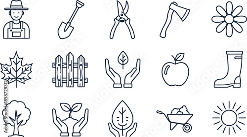 Gardening Line Icon Set Featuring Farmer Shovel Pruning Shears Ax Flower Leaf Fence Apple Rubber Boots Tree Wheelbarrow and Sun Symbols