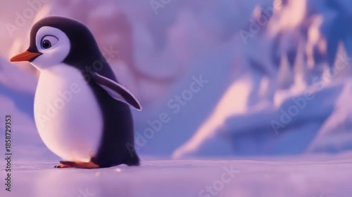 A charming animated penguin waddles across a snowy landscape. Soft pastel colors illuminate the arctic scene.