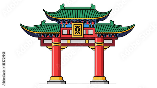 Colorful Chinese Gate Illustration with Green Roofs and Red Pillars