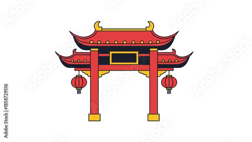 Stylized Chinese Archway with Red Roofs, Lanterns, and Details