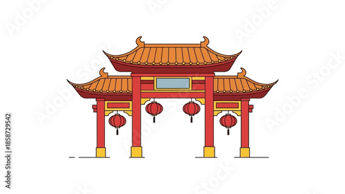 Stylized Chinese Gate with Red Pillars, Lanterns, and Orange Roofs