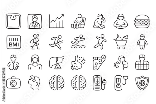 Health and Fitness Line Icons for BMI Tracking and Medical Monitoring