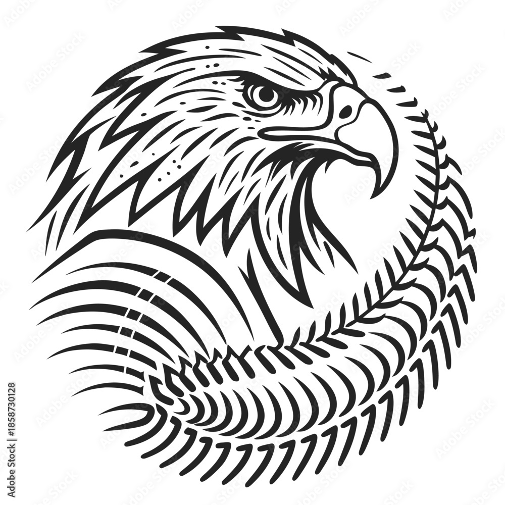 Obraz premium Stylized black and white illustration of an eagle's head within a circular frame of feathers bird profile