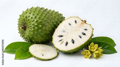 Fresh soursop fruit: a whole graviola, halved section, and delicate flowers on white background