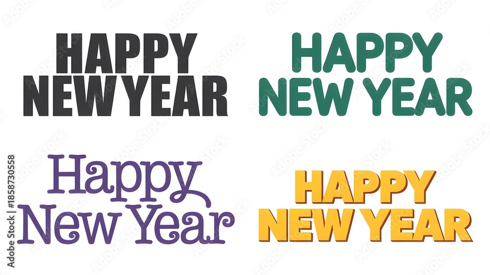 Obraz premium Happy New Year Greetings in Various Fonts and Colors