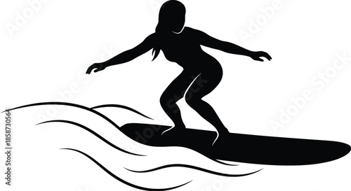 Surfing Woman Silhouette Vector Illustration on White Background