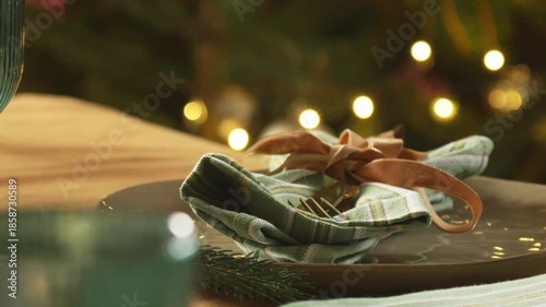 close-up of a napkin with a knife and fork on a plate at a Christmas dinner