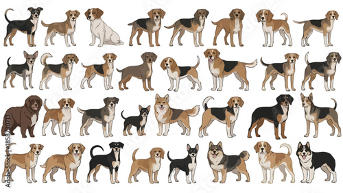 Collection of various dog breeds standing and sitting in a grid pattern