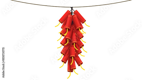 Traditional Chinese firecrackers strung horizontally, a vibrant festive decoration, isolated white background.