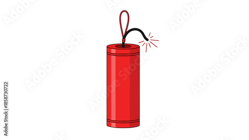 Simple red cylindrical Chinese firecracker with a lit fuse, ready for an energetic celebration, isolated white background.