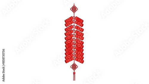 Simple Vertical String of Red Chinese Firecrackers for Festive Celebration, Isolated White Background