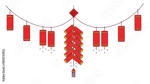 Festive Chinese New Year Decoration with Red Lanterns and Firecrackers Hanging, Isolated White Background.