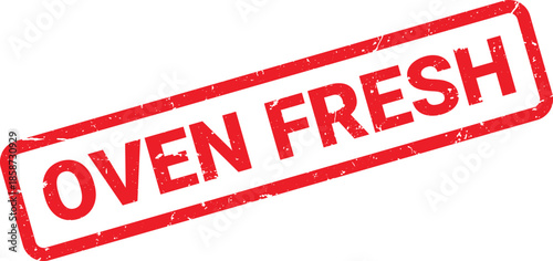 Distressed Red Rectangular Stamp with Rounded Corners Displaying the Text Oven Fresh On White