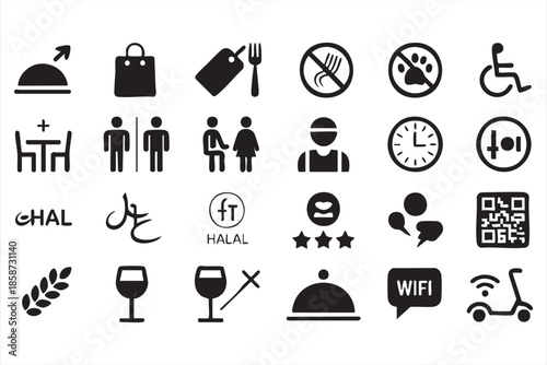 Dining and Hotel Facility Icons for Accessibility and Customer Service