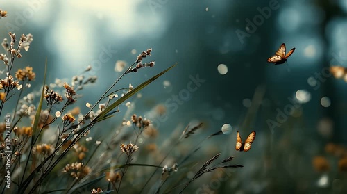 Cinematic Close-up of Butterflies on Dried Field Plants in Soft Light