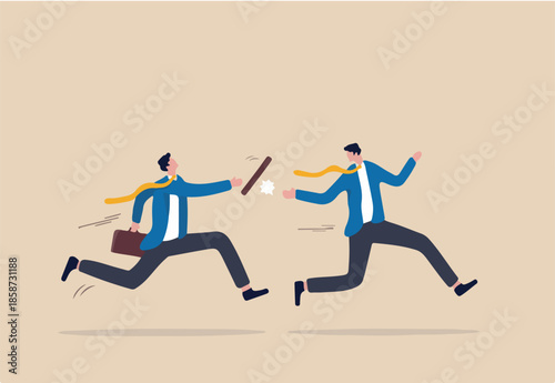 Business baton pass, relay, job handover or partnership and teamwork to help winning business concept, businessmen colleagues partner passing baton while running at full speed to achieve success.