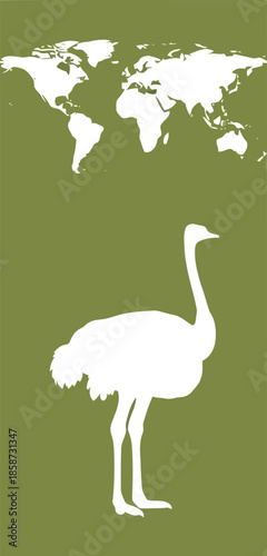 Global ostrich world map icon vector. wildlife animal habitat travel geography nature design